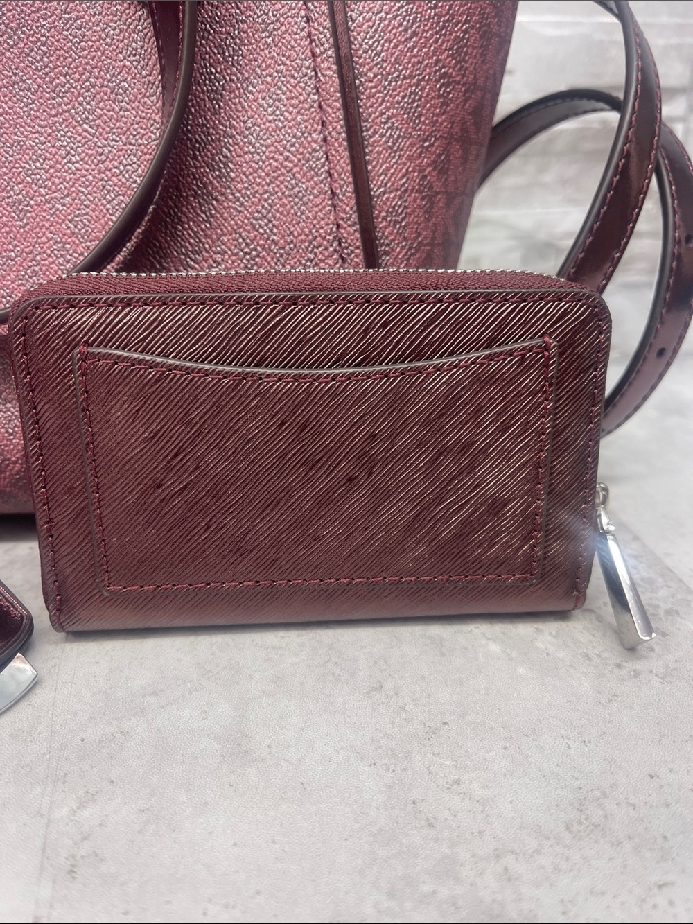 Michael Kors Taryn Metallic Logo Saffiano Tote & Matching Wallet Oxblood - Picture 11 of 13